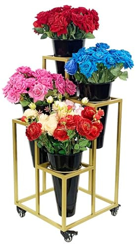 Soporte para flores con 4 cubos de plástico, Soporte de Ramo de Floristería Móvil Soporte de Planta de Metal Resistente Estante de Flores para Exhibición de Carrito de Jardín, para Fiesta Bodas Jardín