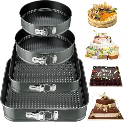 NCKIHRKK Moule à Charnière, Lot de 4 Moule à Gâteau 16/20cm Rond et Carré 22/26, Plat à Gateau avec Fond Amovible Revêtement Antiadhésif Leakproof, Professionnel Moule Layer Cake, Gris