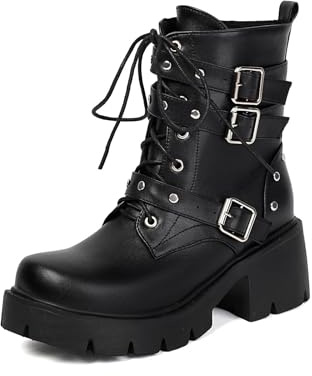 TNMIUH Bottes Gothiques Plateforme à Lacets Femme, Noir, Combat Boots avec Boucles, Style Punk Rock, Semelle Épaisse