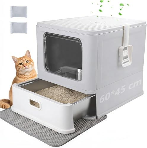 GOYJOY Stainless Steel Cat Litter Tray, Foldable XXL Cat Litter Tray with Lid and Drawer, Closed Stainless Steel Cat Litter Tray, Easy Cleaning, No Urine Leakage, Odour Control, with Cat Litter Mat