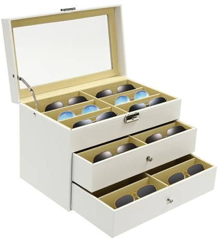 DAHAD Scatola portaocchiali per 18 occhiali, occhiali da sole, organizer per occhiali con serratura e chiave, per occhiali da sole e orologi, colore: bianco