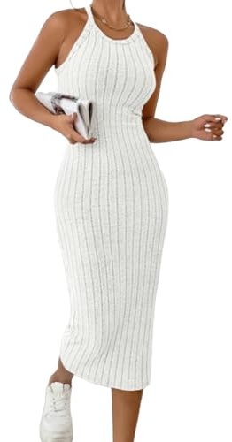 Jersey Dresses for Women UK Summer Halter Neck Sleeveless Maxi Dress Ladies Casual Beach Holiday Boho Knitted Sundress Comfy Solid Color Ribbed Knit Jumper Dresses Backless Slim Fit Sexy Bodycon