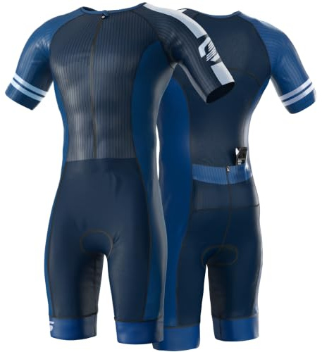 SLS3 Combinaison de triathlon Elite Aero Tri Suit pour homme – Triathlon Trisuit – Fermeture éclair intégrale, manches aérodynamiques, poches intérieures et arrière, bleu onyx, Small
