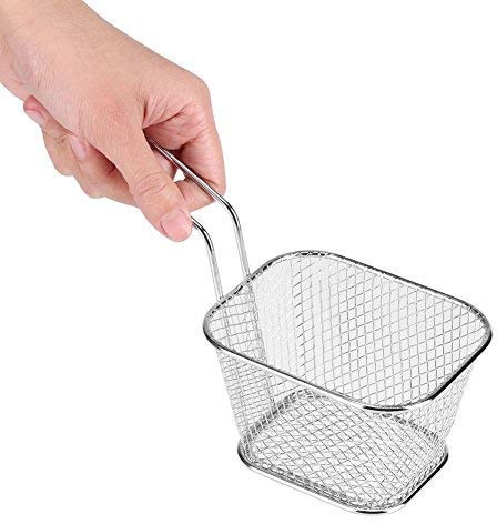 Chip Pan Basket, Mini Fry Basket Food Strainer Square Fryer Basket Present Fried Chip Food Table Serving Metal Rectangular Fry Basket Net Strainer Mesh Fry Serving Basket Kitchen Cooking Tools