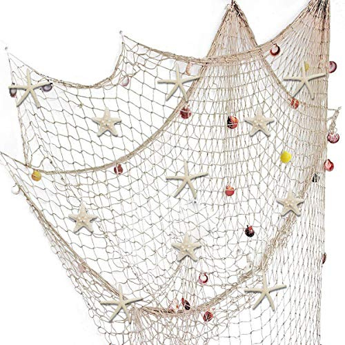 Fangoo Nature Fish Net Wall Decoration with Colorful Sea Shells and Natural Starfish Ocean Themed Mediterranean Style Fishing Net for Beach Party,Wedding,photography Wall Decoration (Beige 200x150cm)