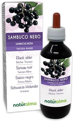Schwarze Holunder (Sambucus nigra) Blüten und Früchte Alkoholfreier Urtinktur Naturalma - Flüssig-Extrakt Tropfen 200 ml - Nahrungsergänzungsmittel - Veganer