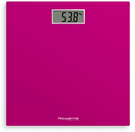 Rowenta Premiss 2 Bilancia Pesapersone Digitale, Vetro Temperato, Graduazione di Precisione Ogni 100g, Funzioni Intelligenti, Ampio Display, Batteria Inclusa, Fucsia, 30x30cm