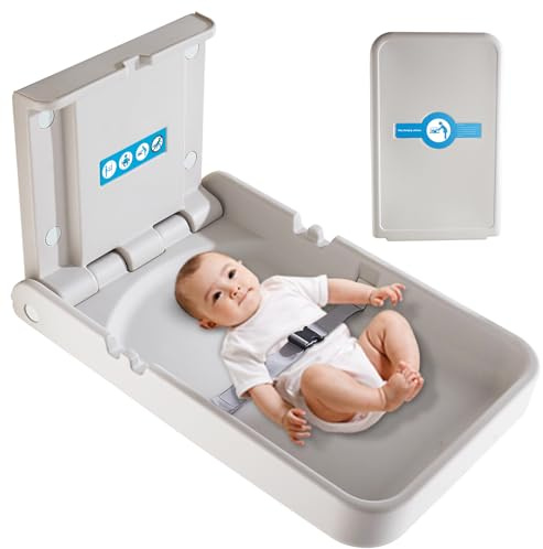 KSITEX Baby Changing Station Wall Mounted, Baby Changing Table with Safrty Strap, HDPE Fold-Down Diaper Changing Station Table, Foldable Diaper Changing Unit for Commercial Bathroom Restroom