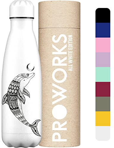 PROWORKS Bouteille d'eau Isotherme, sans BPA, Gourde INOX Reutilisable pour Maintien Chaud de 12 Heures & du Froid Jusqu’à 24 Heures, Sport, Gym, Voyage - 1 Litre - Tout Blanc - Dauphin Aztèque