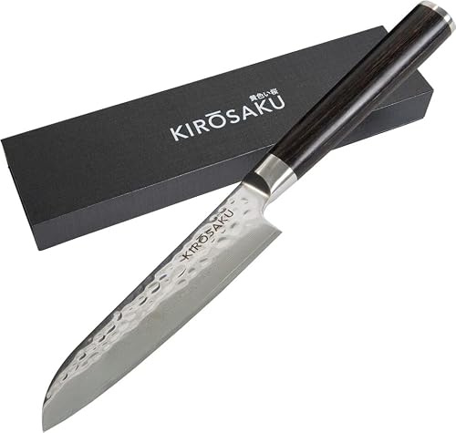 Kirosaku Coltello Santoku Damasco - Coltello Damasco con manico in vero legno di pakka - Coltello professionale con confezione regalo - Coltello professionale da cucina Chef - Lunghezza lama 13 cm by
