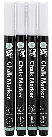 SECURIT Chalk Star - Confezione di 4 pennarelli per calce liquide bianche per lavagne, lavagna, finestre o vetro – Nibs rotondi da 1 – 2 mm. Penne Chalk ideali per segnali e pubblicità