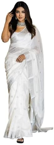 NAVKARMIT Sarees Jamdani Chikankari en lin et coton tissé pour femme avec chemisier pour femme
