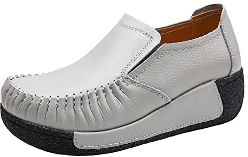 rismart Women Platform Leather Trainers Slip on Wedge Casual Shoes with Elastic Band