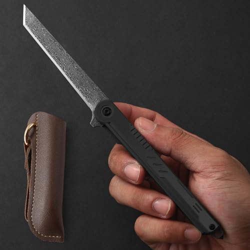 DRACHENADER Outil de Poche en Acier Damas – Outil Pliant Mince et Pratique, Manuel à Ouverture/fermeture, Pour Usage Quotidien, Camping et Randonnée, Manche Noir Élégant et Résistant