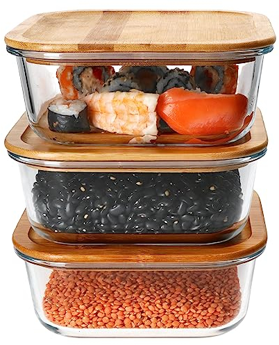 Ritzenhoff & Breker Esperanza Lot de 3 boîtes de conservation carrées I 1,1 l I Boites en verre avec couvercle en bambou durable avec bol en verre I Conteneur à charcuterie, boîte à pain,