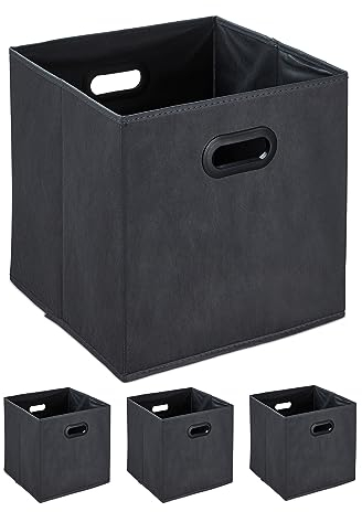 Relaxdays Aufbewahrungsbox, 4er Set, Faltbare Regalboxen, Grifflöcher, HBT 32 x 33 x 33 cm, Faltboxen, Vlies, anthrazit, Pappe, Kunststoff