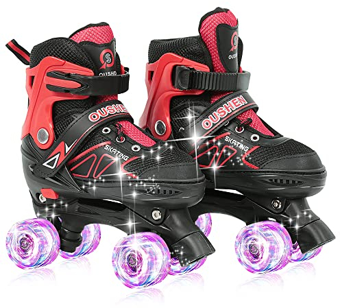 MUL-BOUTIQUE Schlittschuhe, Inlineskates für Kinder, Jungen, klassisch, für Anfänger, verstellbare Quad-Rollschuhe mit beleuchteten Rädern (Rot, Schwarz, M)