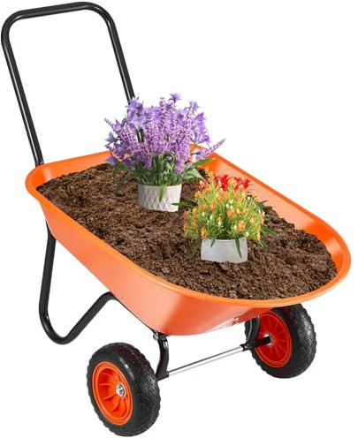 VEVOR Carretilla para Jardín Carga de 180 kg Carro de Descarga con 2 Ruedas de 25,4 cm y Asa Carro Utilitario de Fácil Carga Carrito para Césped al Aire Libre, Patio, Granja, Naranja y Negro