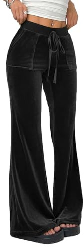 Sammet bjällra byxor för kvinnor sammet utsvängda ben långa loungebyxor svart velour bootcut byxa, 16, L