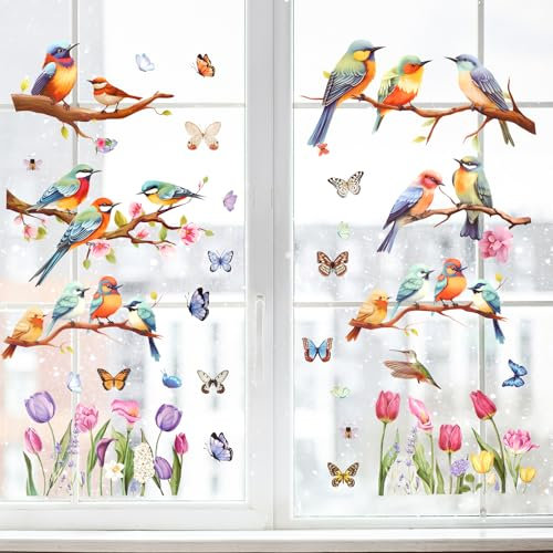 Fensterbilder Frühling Selbstklebend, 9 Blätter Frühling Sommer Fenster Kinder, PVC Fenstersticker Vögel Blumen Schmetterlinge Fensterdeko Aufkleber Fensterdekoration Frühling Fensterfolie