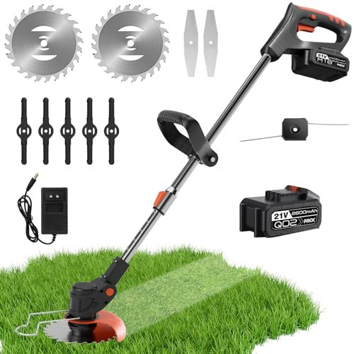 Qawner - Cortapelos eléctricos inalámbricos con batería, 3 tipos de cuchillas, desbrozadora de batería, regulable en altura, ligera, para jardín podado (1 batería)