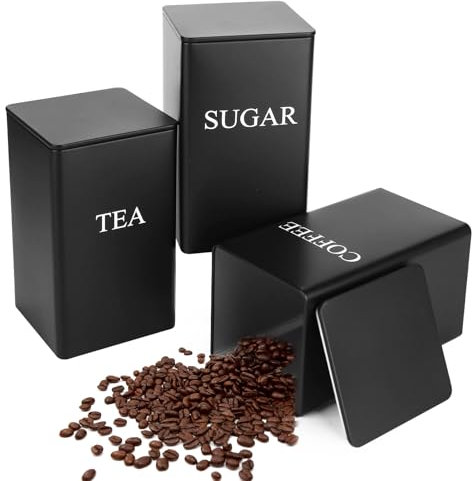 Trendecor Juego de 3 botes de almacenamiento para té, café y azúcar, 1000 ml, juego de recipientes de metal con tapa hermética, latas de almacenamiento decorativas para el hogar y la cocina