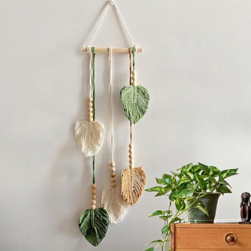 Avoik Tenture murale en macramé - Décoration bohème faite à la main - En macramé - Vert - Avec perles en bois - Pour chambre à coucher, salon, chambre d'enfant, mariage - 20 x 67 cm