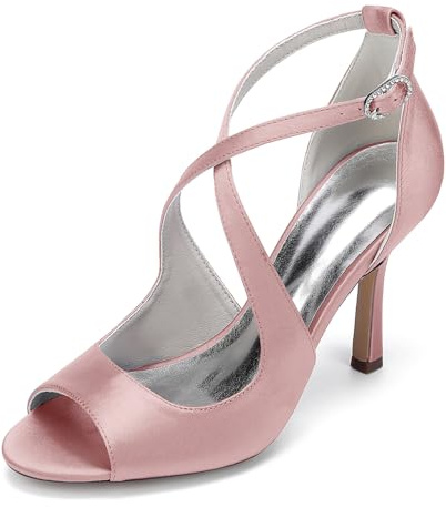 Mujer Correa Cruzada En El Tobillo Zapatos De Vestir con Hebilla Peep Toe Satén Zapatos De Novia Tacón De Aguja Alto Zapatos De Fiesta De Graduación De Boda,Rosado,40 EU