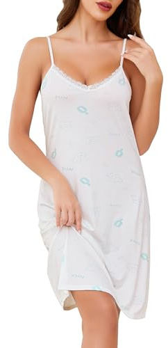 Vlazom Ladies Nighties Cotton Nightdress for Women Lace V-Neck Full Slips Cute Printed Nightwear Sleep Dress S-XXL