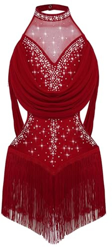 Mufeng Abito Ballo Latino Americano Bambina con Nappa Paillettes Body Danza Classica + Guanti Vestito da Pattinaggio Artistico Costume di Danza Competizione Borgogna 11-12 anni