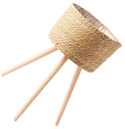 Milisten Soporte para Plantas de Madera con Cesta Tejida: Macetero Elevado de Paja Natural para Interior y Exterior - Portamaceteras con Patas de Trípode Estable y Forro Plástico Impermeable