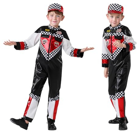 Joyincoser Costume da pilota per bambini e ragazzi con cappello da corsa, tuta da corsa con toppe da corsa, regalo per Halloween, carnevale, feste cosplay (140 cm)