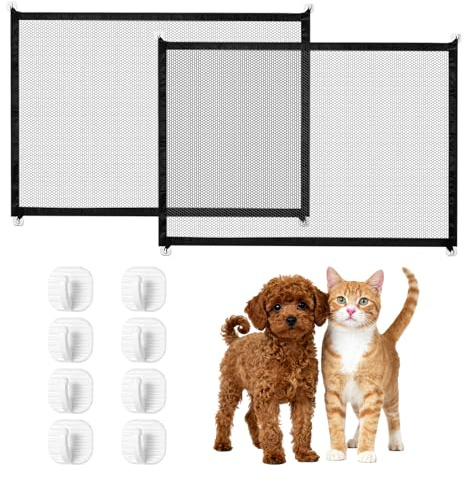 2 stycken avstängningsgaller hund, dörrgaller hund & katt, trappskydd utan borrning, dörrskydd utan borrning, hundgaller lägenhet för små husdjur hemma och resor, 110 × 72 cm med 8 självhäftande