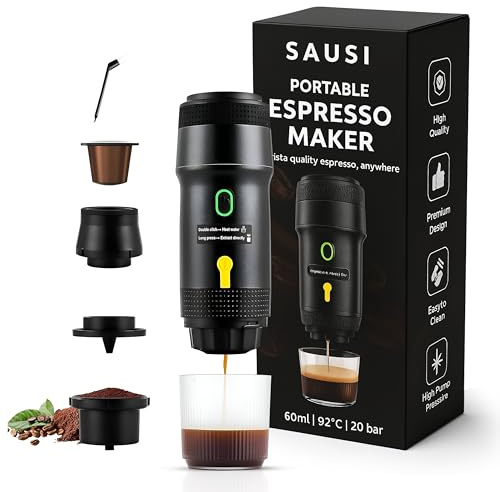 SAUSI Cafetera Portatil 3 en 1 - Batería USB Recargable con Limpiador, Compatible con Cápsulas Nespresso, Dolce Gusto y Café Molido - Ideal para Coche, Oficina, Viajes y Camping