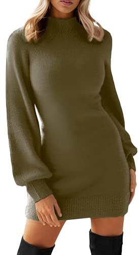 GRECERELLE Womens Knit Jumper Dress Winter Crew Neck Long Sleeve Bodycon Pullover Ladies Mini Sweater Dresses (Khaki, XL)