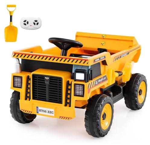 COSTWAY 24V Ride on Dump Truck, Kids Electric Car with Remote Control, Dump Bed, Music, Extra Shovel, Ride on Construction Vehicles for Boys Girls
