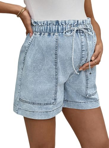 BLENCOT Women Maternity Jeans Shorts High Rise Stretchy Drawstring Plus Size Denim Summer Workout Pregnancy Comfy Clothes with Pockets Medium Iceland Blue