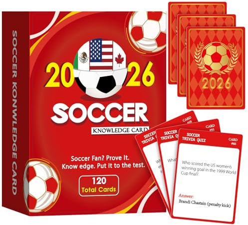 ComfyKit 2026 Soccer Trivia Card Game, 120 Soccer Knowledge Q&A Deck with Answers Included, Rules History Tactics Skills Quiz Cards for Game Night, Parties, Team Activities, and Gifts