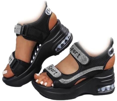 WINDEHAO Sandali da donna con zeppa e zeppa con tacco grosso, sandali estivi con strass a doppio cinturino regolabile per lo sport gladiatore da passeggio, Nero 1, 37 EU
