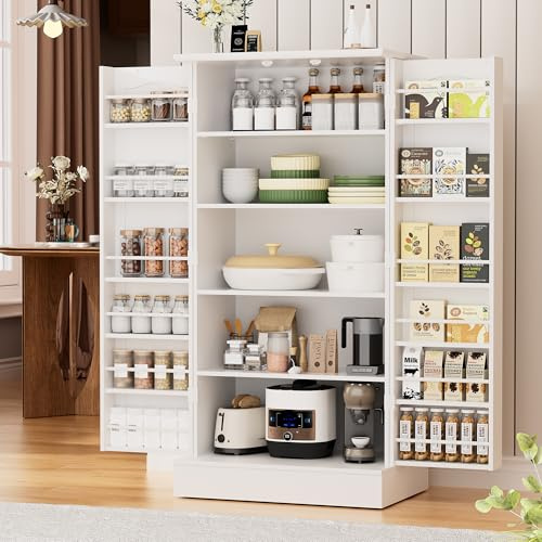 Chartyou 47 Tall Kitchen Pantry Cupboard, Freestanding White Larder Cabinet with Adjustable Shelves, Anti-Tipping Device, Magnetic Doors & Metal Handles for Kitchen, Utility Room & Dining Room