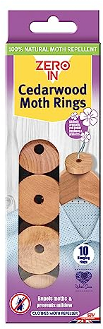 Zero In Cedarwood Moth Repellent Ring - 10-Pack. Made from 100% Natural Eastern Aromatic Red Cedar for Effective, Long-lasting, Chemical-free Control. Place in Wardrobes, Drawers and Cupboards