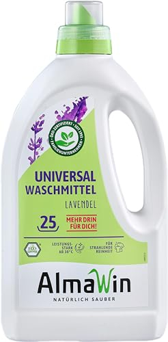 AlmaWin® Universal Waschmittel Flüssig [1,5L - 25 Ladungen] mit Lavendelduft - Flüssigwaschmittel für strahlende Reinheit ab 30°C - Laundry Detergent für Weißes & Buntes - Bio & VEGAN