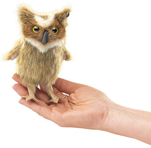 Folkmanis Mini Great Horned Owl Finger Puppet, Brown, White, Black