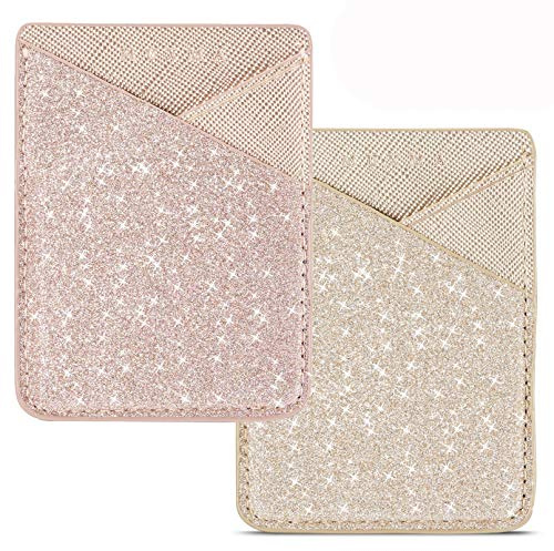 BIAJIYA Phone Card Holder, Glitter PU Leather Sleeve, Credit Card Holder Stick On Phone Case for iPhone Samsung Most Smartphones (RoseGold)