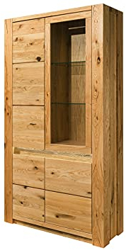 MASSIVMOEBEL24.DE Kent Vitrine Vitrinenschrank Highboard aus massiver Wildeiche Massivholz naturfarben mit LED Beleuchtung und Glasböden