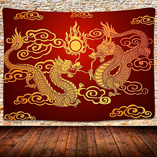 UHOMETAP Chinesischer Drachen-Wandteppich, Wandkunst, 203 x 152 cm, Rot, Goldener Drache, Totem-Wandteppich, Heimdekoration, Tagesdecke