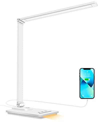 oxylops lámpara Led Escritorio, Flexo de Escritorio con luz nocturna, lampara de escritorio con control táctil, Puerto de carga USB, 10 niveles de luminosidad 5 modos (Blanco)