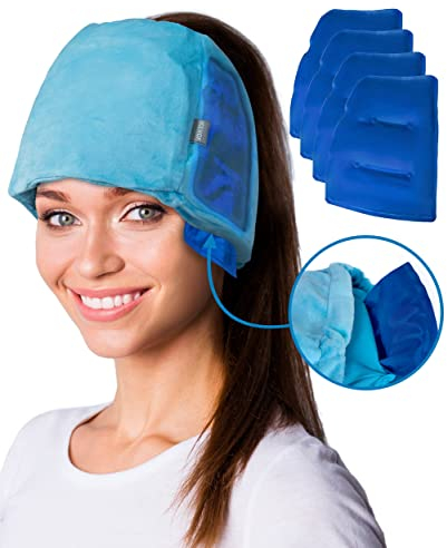 ICEHOF Kühlmütze EXTREM mit 4 Kühlakkus inkl. 3D-Maske - Mit Haaröffnung & Gummibinder, abnehmbare Kühlpads - Kühlende Gel-Mütze für Kopfhaut bei Chemo-Therapie Ice Cap Migräne Kopfschmerzen Blau