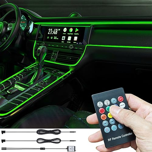 TABEN Kit de luz ambiental para coche, fibra de vidrio, 8 colores, mando a distancia RF, DIY RGB multicolor, sincronización de música, USB, coche, interior, iluminación atmosférica con cargador de