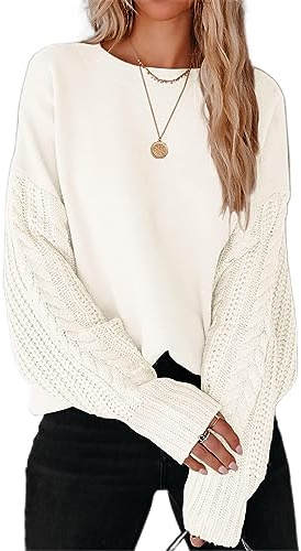 ZESICA Women's 2025 Fall Long Sleeve Crew Neck Solid Color Cable Knit Chunky Casual Oversized Pullover Sweater Tops Beige Large